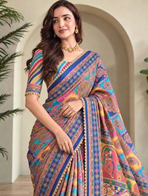 Multicolor satin embroidered saree withcutdana work 5