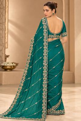 Teal satin embroidered saree withcutdana work 2