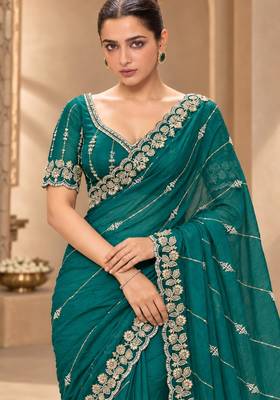 Teal satin embroidered saree withcutdana work 3