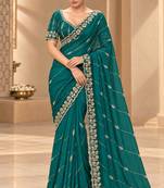 Teal satin embroidered saree withcutdana work