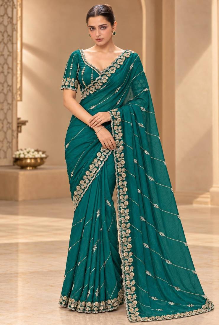 Teal satin embroidered saree withcutdana work