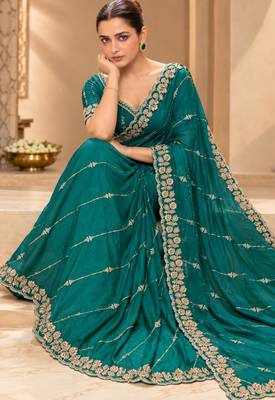 Teal satin embroidered saree withcutdana work 4