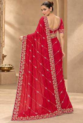 Red satin embroidered saree withcutdana work 2