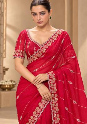 Red satin embroidered saree withcutdana work 3