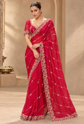 Red satin embroidered saree withcutdana work 1