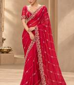 Red satin embroidered saree withcutdana work
