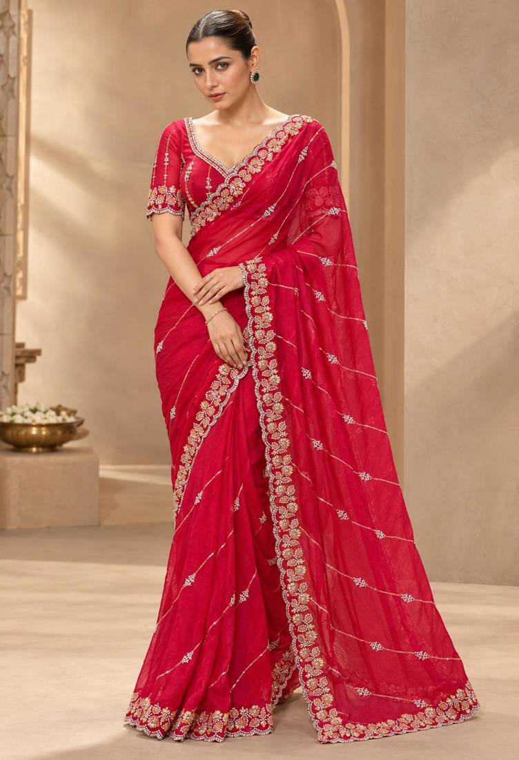 Red satin embroidered saree withcutdana work