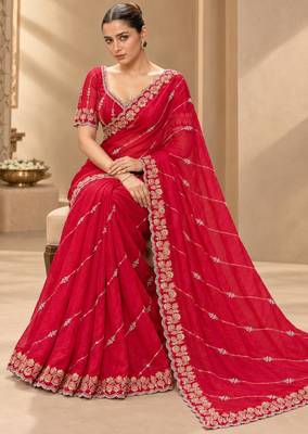 Red satin embroidered saree withcutdana work 4