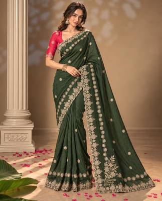 Dark-green silk embroidered saree withcutdana work 2