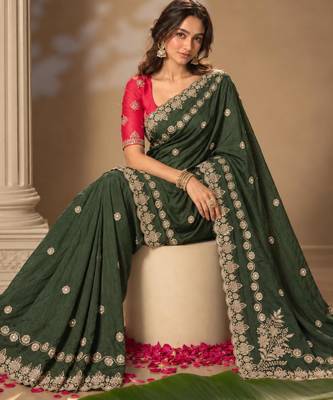 Dark-green silk embroidered saree withcutdana work 1