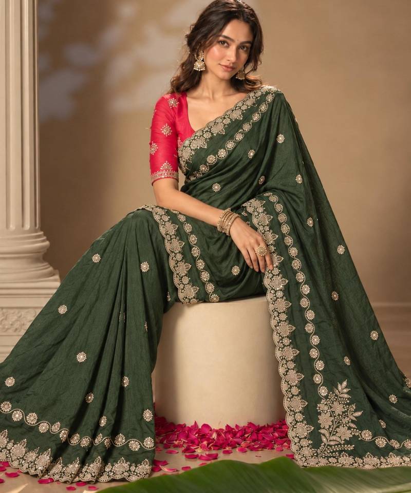 Dark-green silk embroidered saree withcutdana work