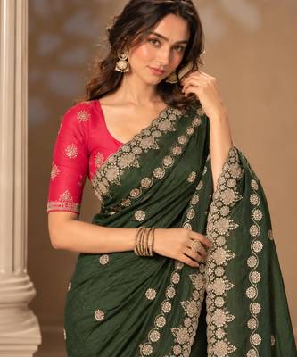 Dark-green silk embroidered saree withcutdana work 3