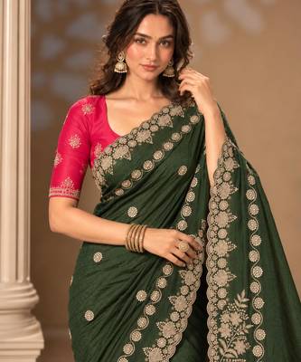 Dark-green silk embroidered saree withcutdana work 4