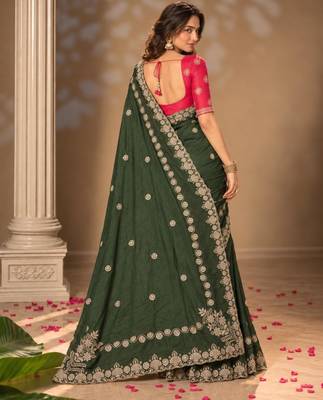 Dark-green silk embroidered saree withcutdana work 5
