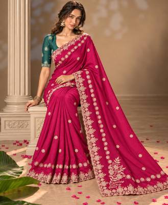 Rani-pink silk embroidered saree withcutdana work 2