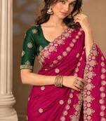 Rani-pink silk embroidered saree withcutdana work