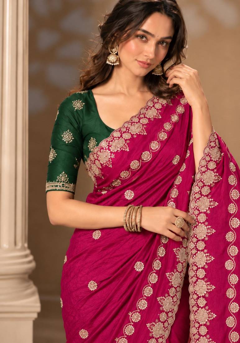 Rani-pink silk embroidered saree withcutdana work