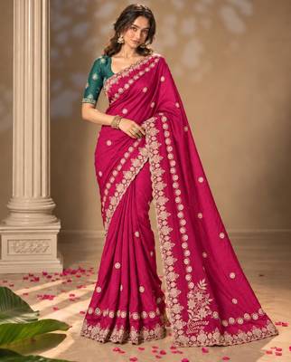 Rani-pink silk embroidered saree withcutdana work 3