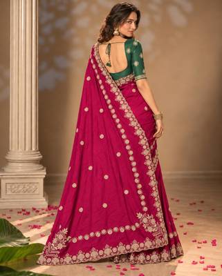 Rani-pink silk embroidered saree withcutdana work 4