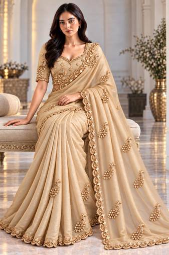 Champagne satin embroidered saree withcutdana work