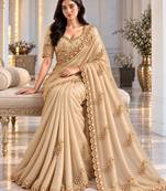Champagne satin embroidered saree withcutdana work