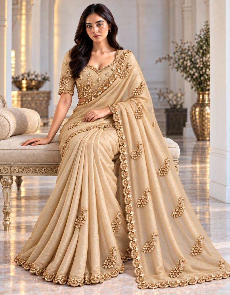 Champagne satin embroidered saree withcutdana work
