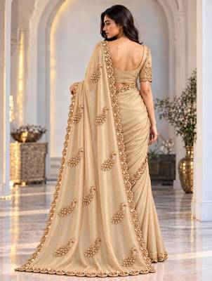 Champagne satin embroidered saree withcutdana work 2