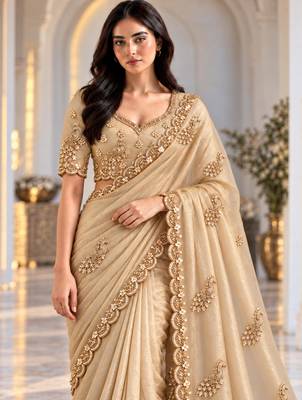 Champagne satin embroidered saree withcutdana work 4