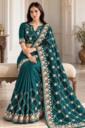 Teal silk embroidered saree withzari work