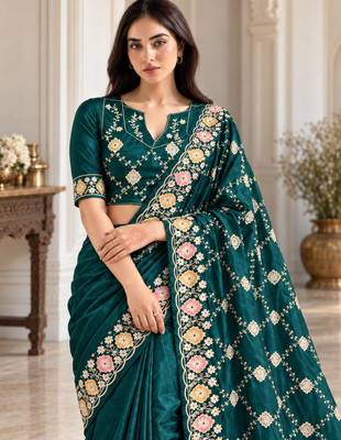 Teal silk embroidered saree withzari work 2