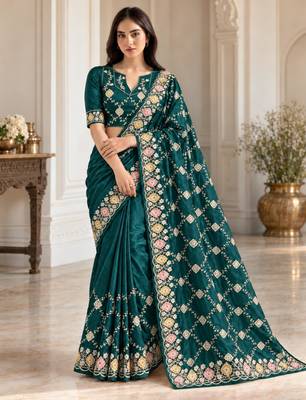 Teal silk embroidered saree withzari work 3