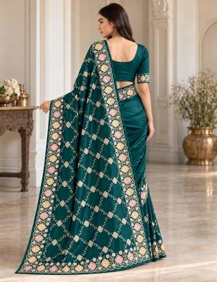 Teal silk embroidered saree withzari work 4