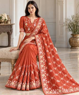 Rust silk embroidered saree withzari work 1