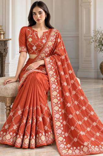 Rust silk embroidered saree withzari work
