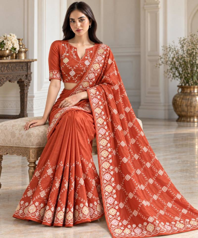 Rust silk embroidered saree withzari work