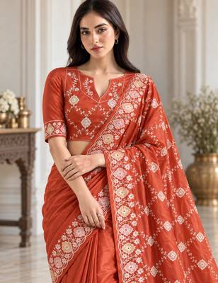 Rust silk embroidered saree withzari work 4