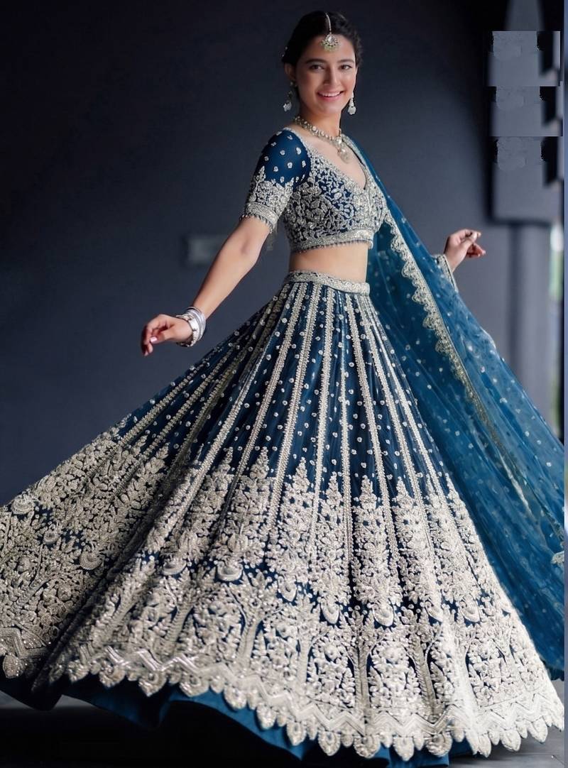 Designer Blue net fabric wedding bridal lehenga choli semi stitched