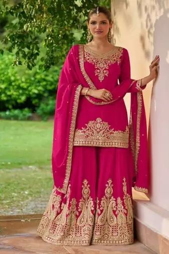 Rani pink chinon embroidered palazzo suit set