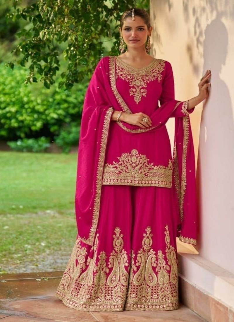 Rani pink chinon embroidered palazzo suit set