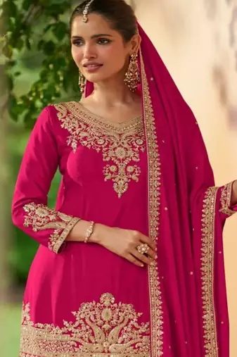 Rani pink chinon embroidered palazzo suit set
