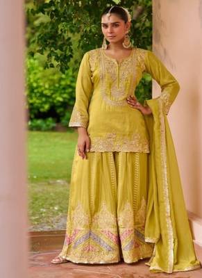 Mehendi yellow chinon embroidered palazzo suit set 1