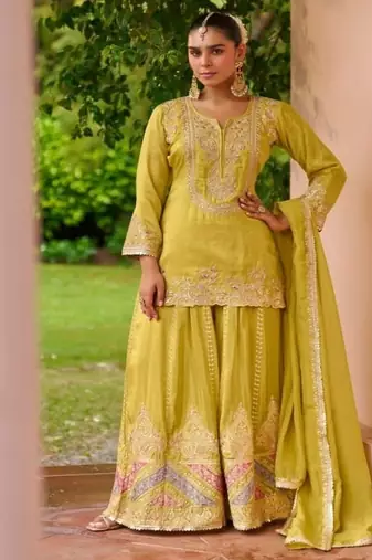 Mehendi yellow chinon embroidered palazzo suit set