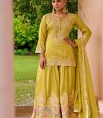 Mehendi yellow chinon embroidered palazzo suit set