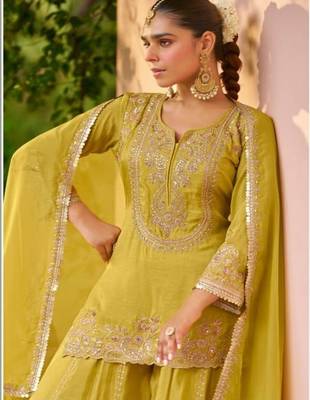 Mehendi yellow chinon embroidered palazzo suit set 2