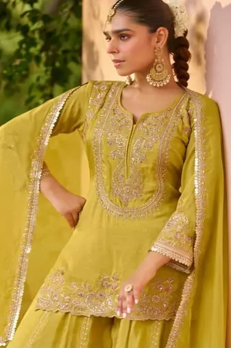 Mehendi yellow chinon embroidered palazzo suit set