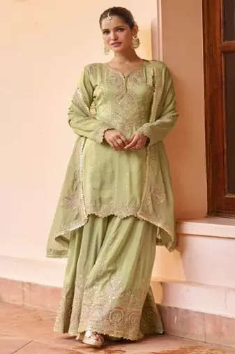 Pista green chinon embroidered palazzo suit set