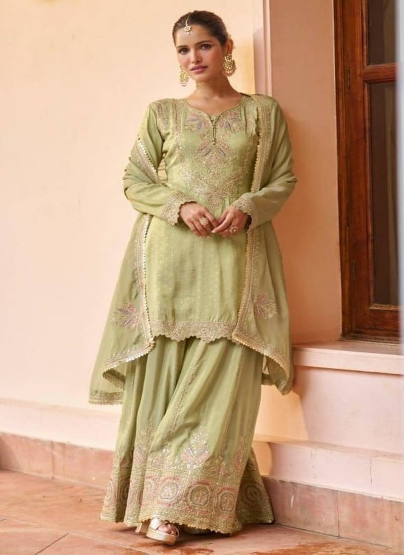 Pista green chinon embroidered palazzo suit set