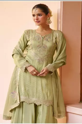 Pista green chinon embroidered palazzo suit set