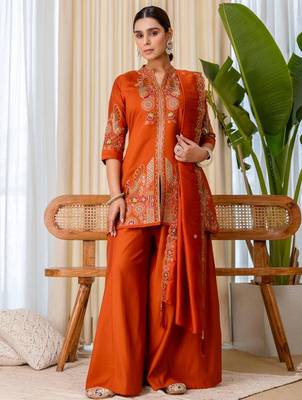 Dark-orange silk blend thread embroidery palazzo set 1