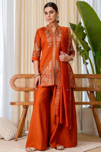 Dark-orange silk blend thread embroidery palazzo set